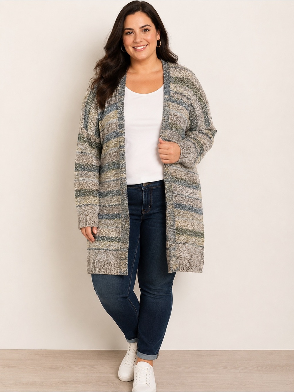Lane Bryant Women’s Long Open Front Cardigan 26/28 Striped Neutral Boho Knit